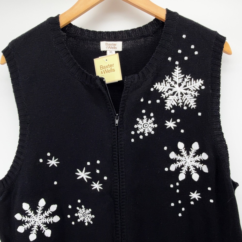 Baxter & Wells Womens Sweater Vest XL Black Snowflake Holiday Cotton Flax Blend - Picture 3 of 11